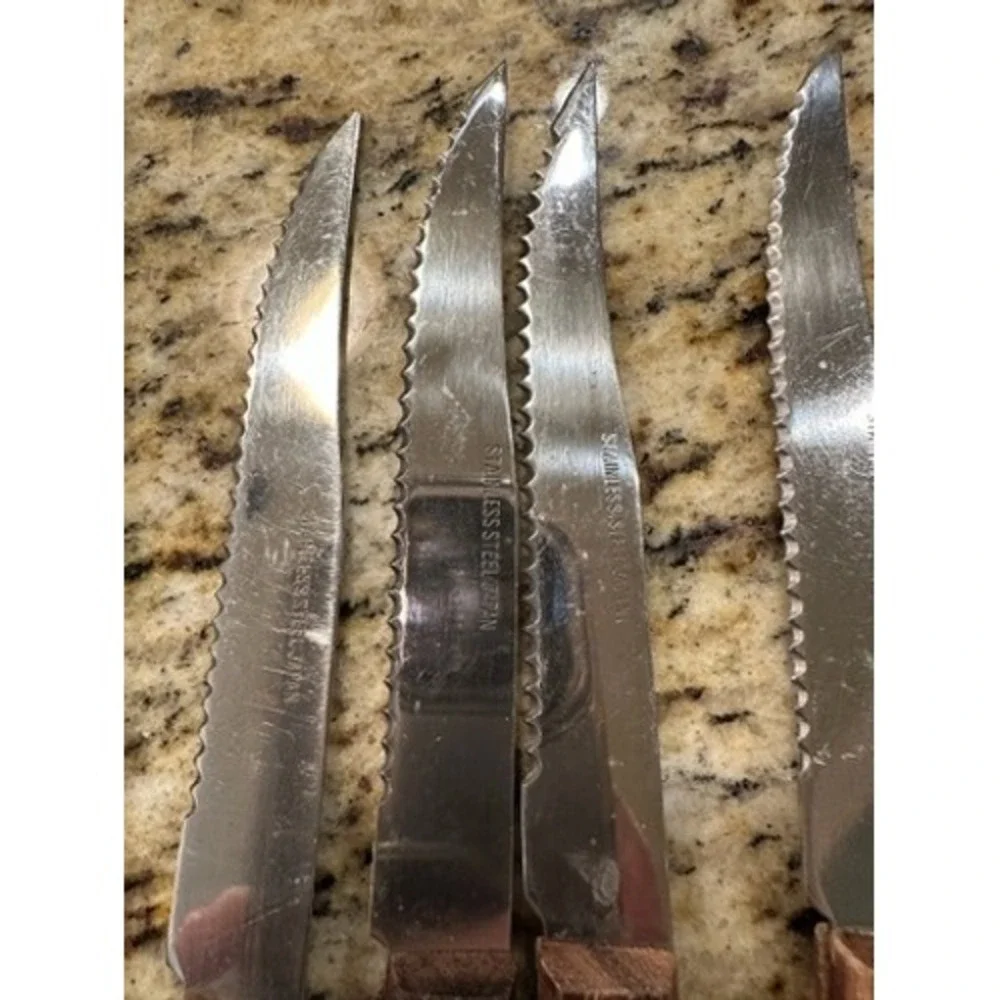 8 pc Vintage Stainless Steel Steak, Cheese, Grapefruit Knives Wood Handles Japan